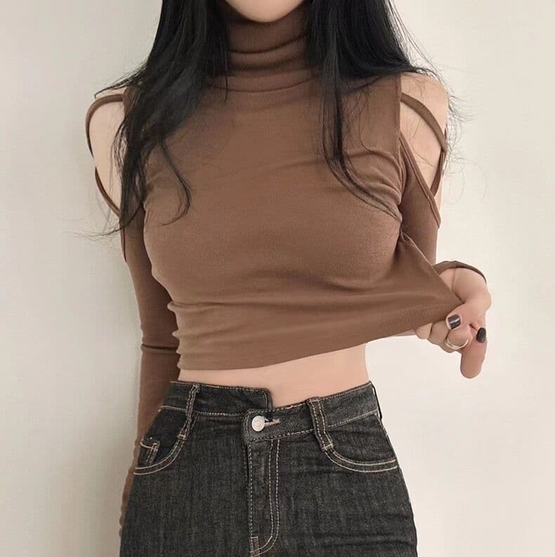 肩開きデザイン長袖タートルネックシャツ　レディース　S〜XL