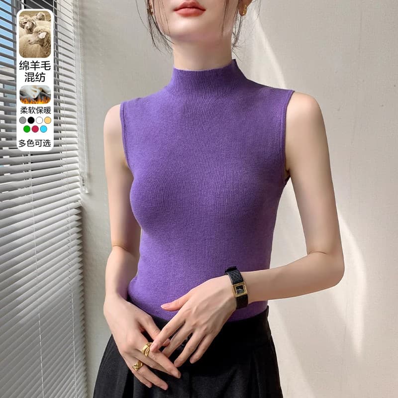 綿羊毛混紡ノースリーブタートルネックニット　S~L