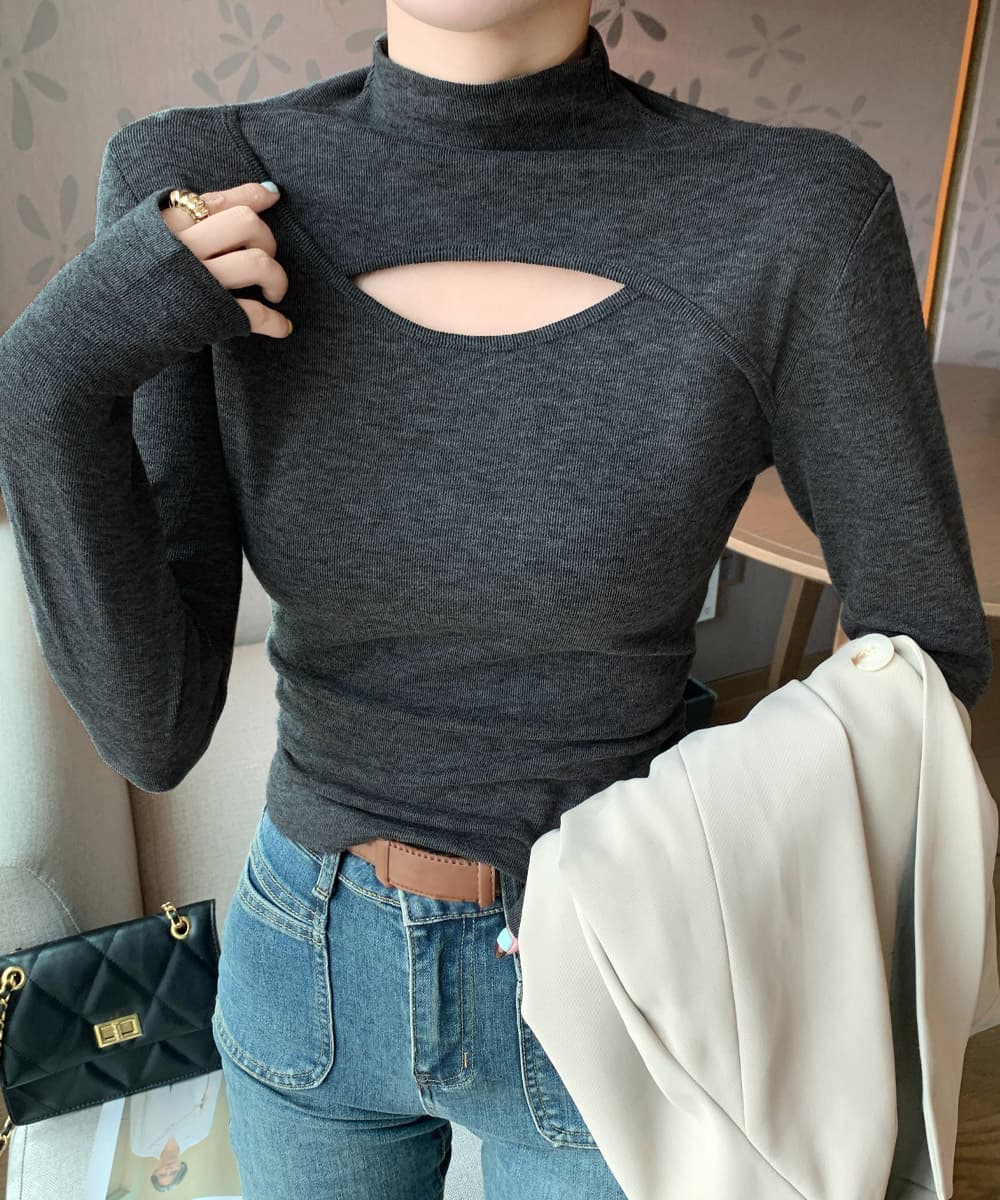 胸元カットアウトデザインタートルネックシャツ M~XL