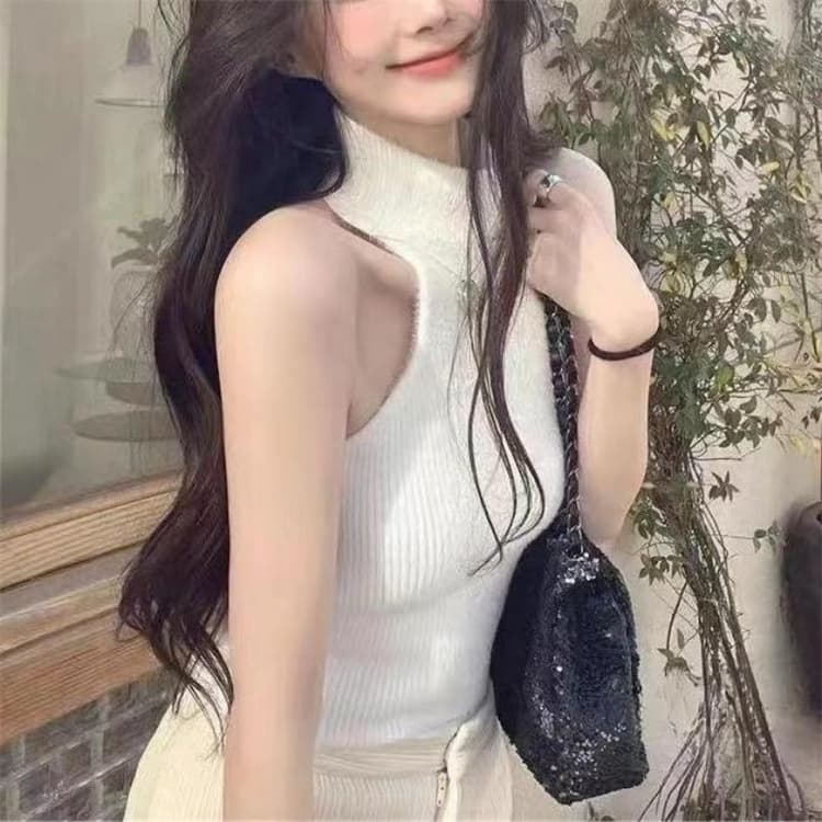 タートルネック ノースリーブ ニットシャツ レディース ハイウエスト