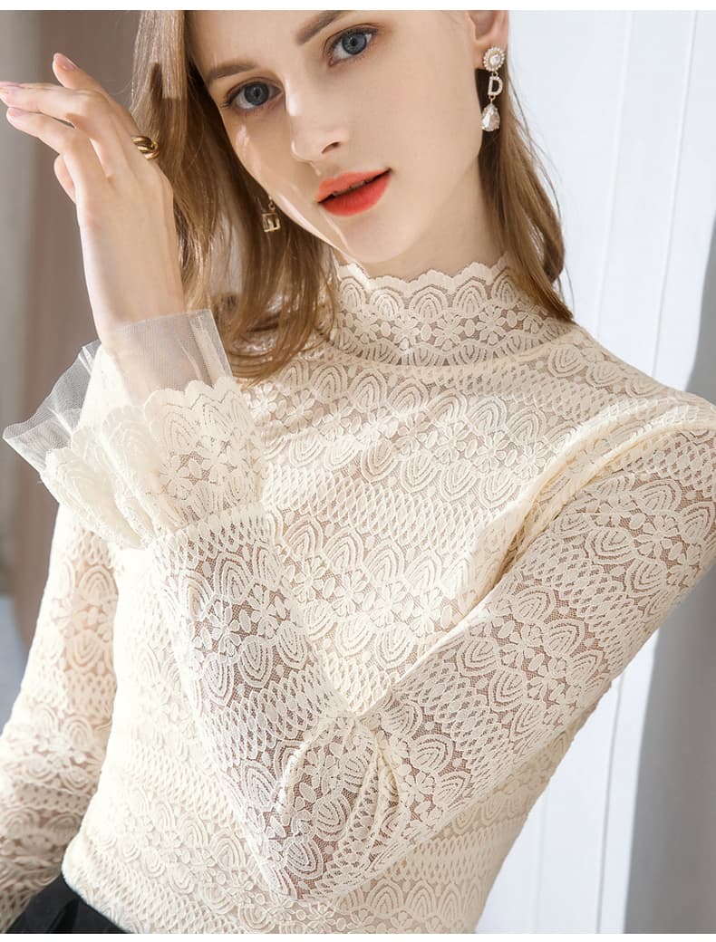 タートルネック レディース　長袖　薄手花柄レースタートルネックブラウス