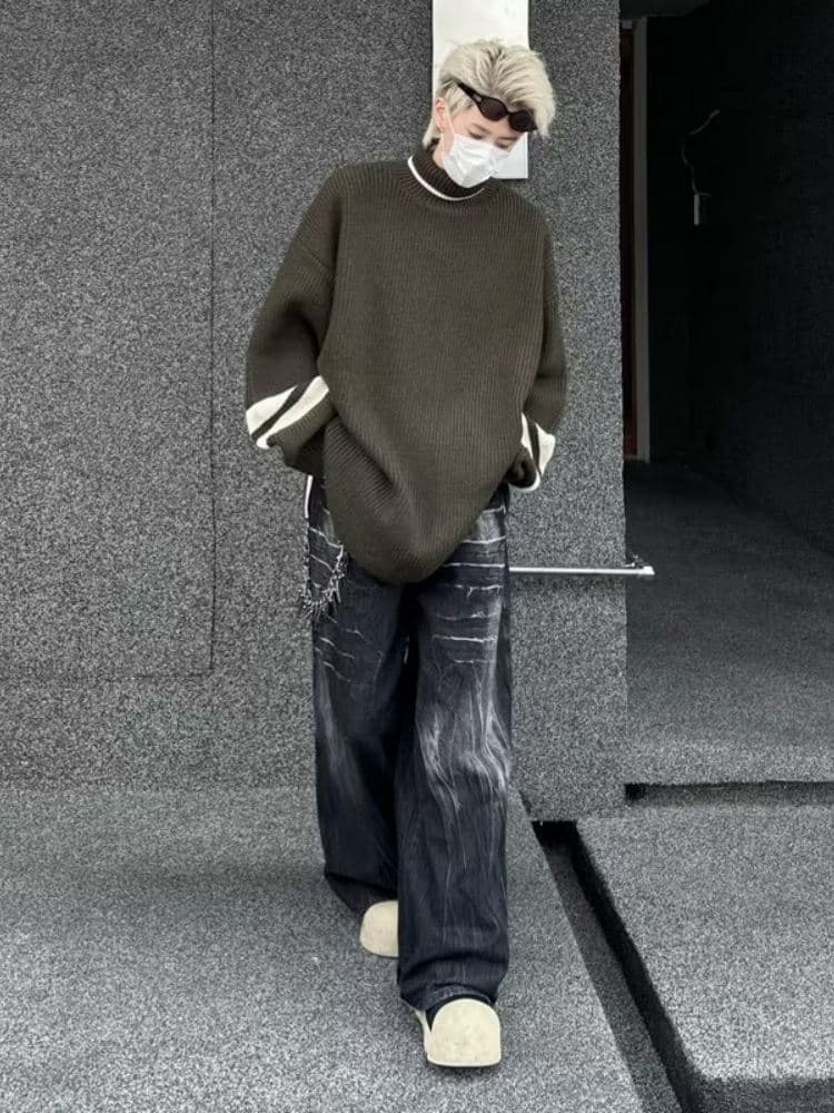 タートルネックレトロ風バイカラーリラックスセーター M~3XL