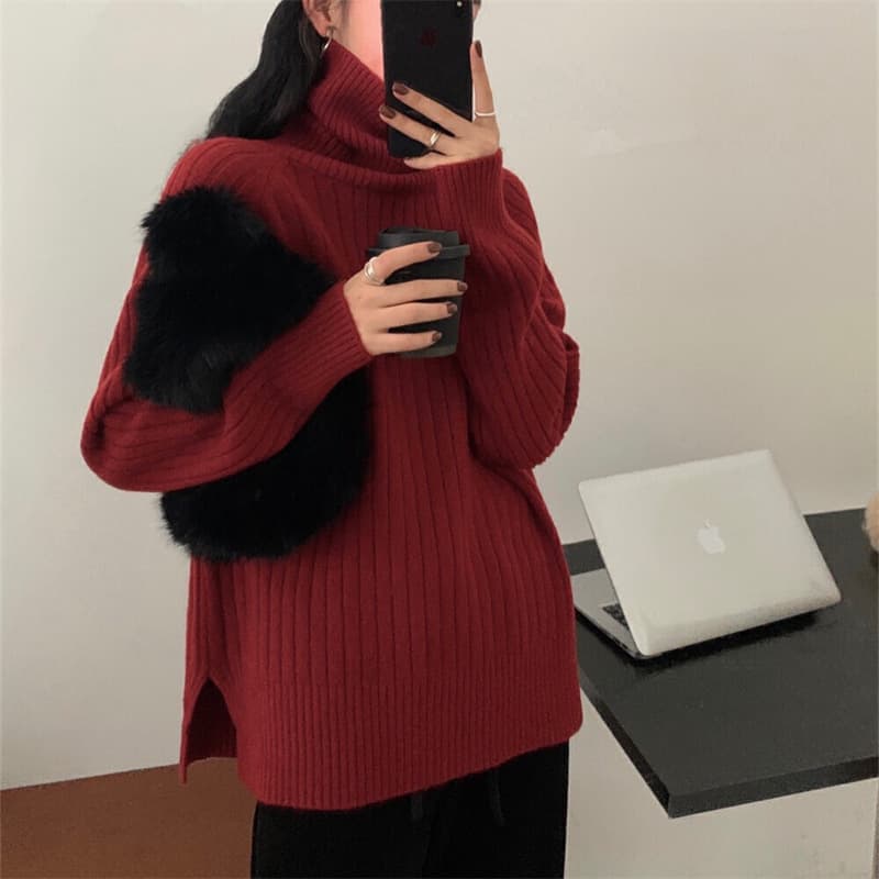 立体リブ編みゆったりタートルネックニット　レディース