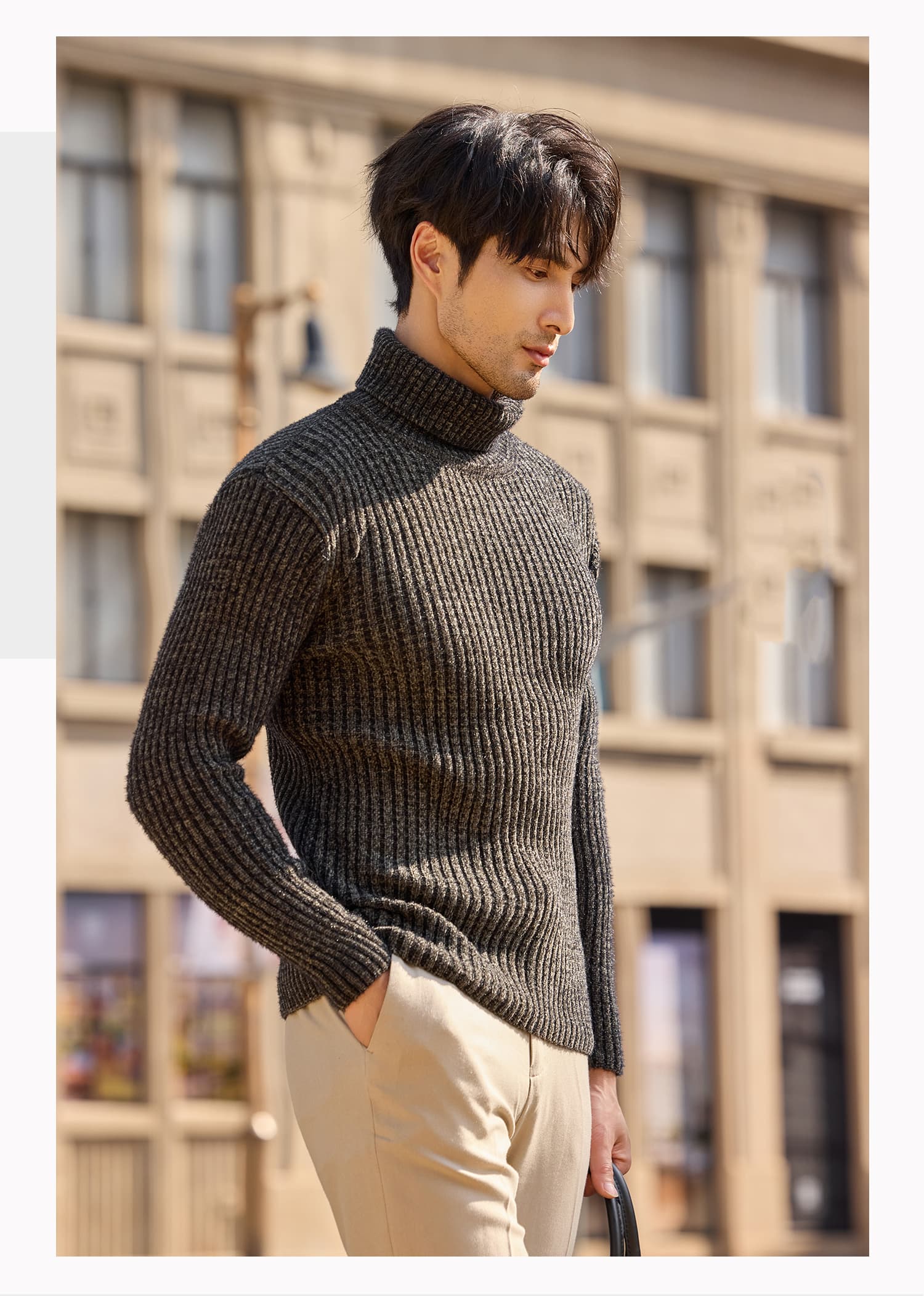 立体リブ編みタートルネックニットシャツ メンズ　長袖　M〜4XL　ぽっちゃり対応　大きいサイズ　チクチクしない