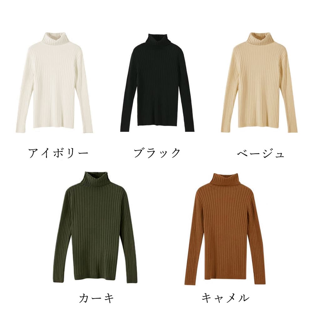 ワイドリブ編みタートルネックニットセーター　レディース