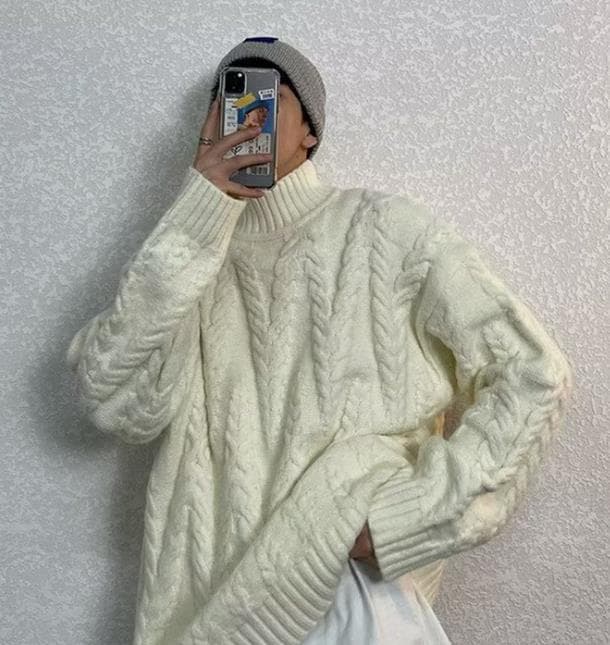 ケーブル編み立体柄タートルネックセーター