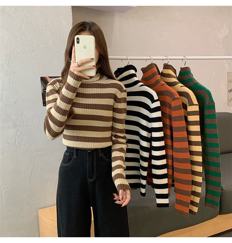 タートルネック　レディース　長袖　暖かいボーダー柄タートルネックシャツ レディース長袖ニット