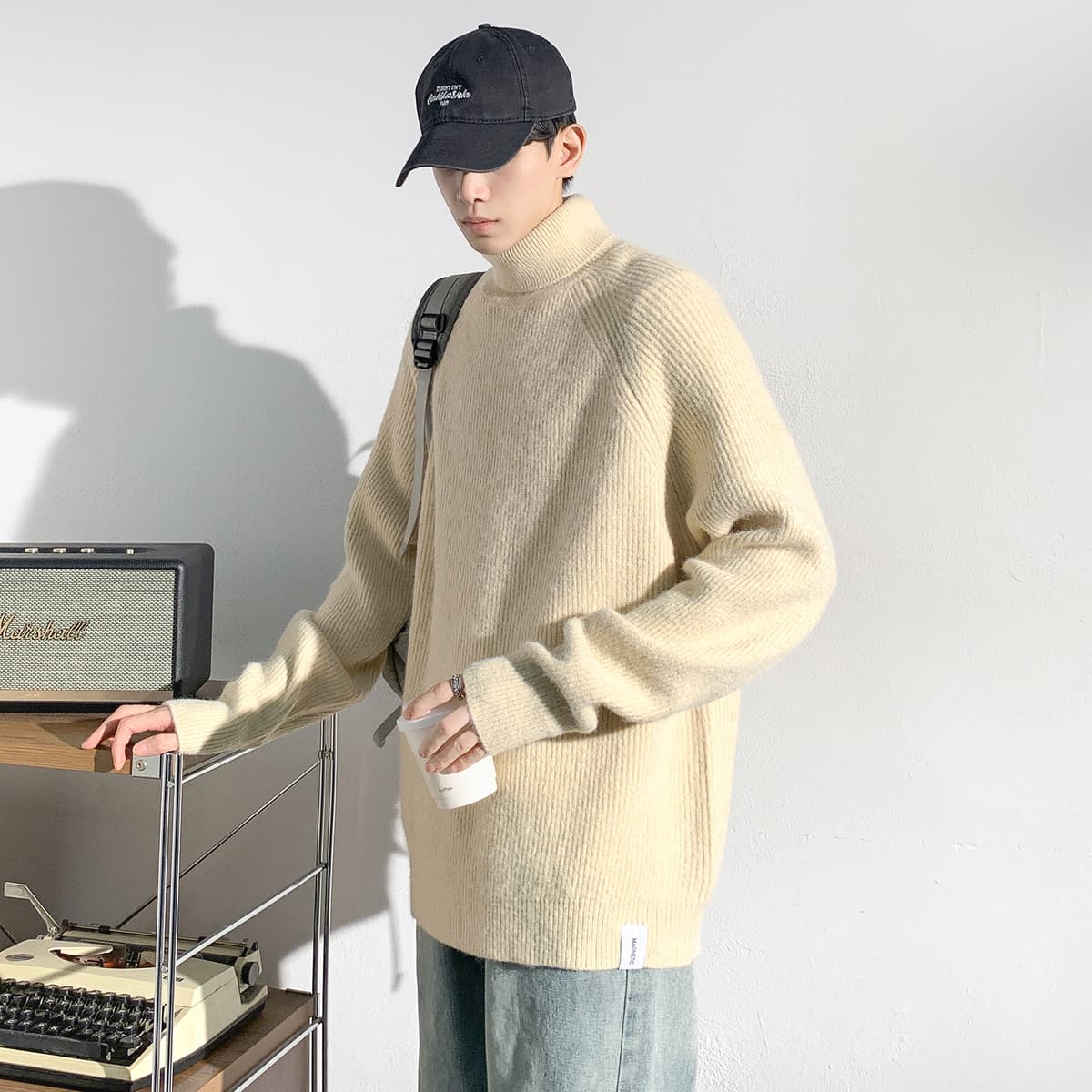 ゆったりシルエット畦編みタートルネックニット　メンズ　S~XXL