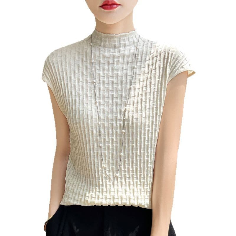 タートルネック　レディース　ノースリーブ 透かし編み半高襟ニットトップス