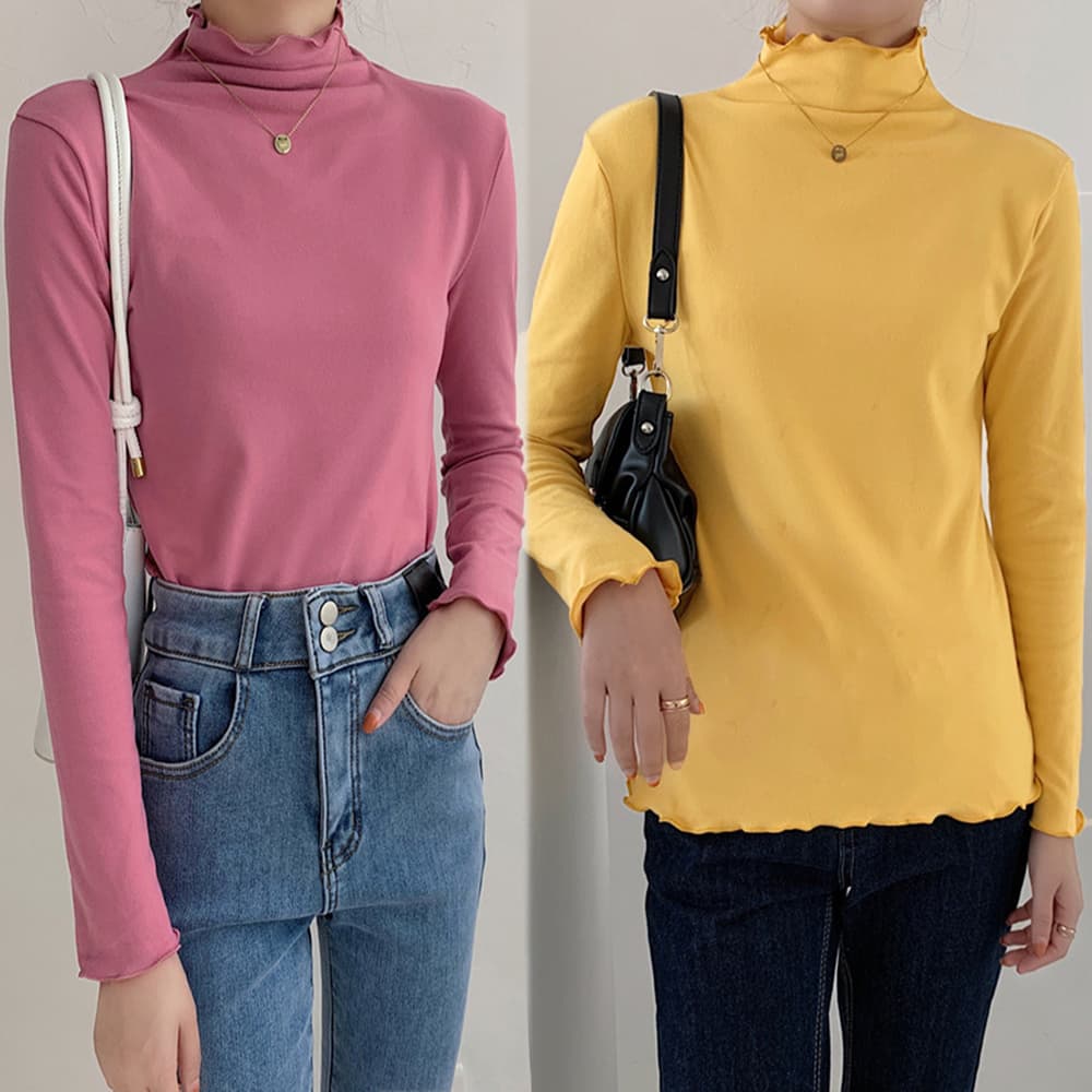 【骨格ストレート】フリル袖タートルネック長袖シャツ春秋インナー
