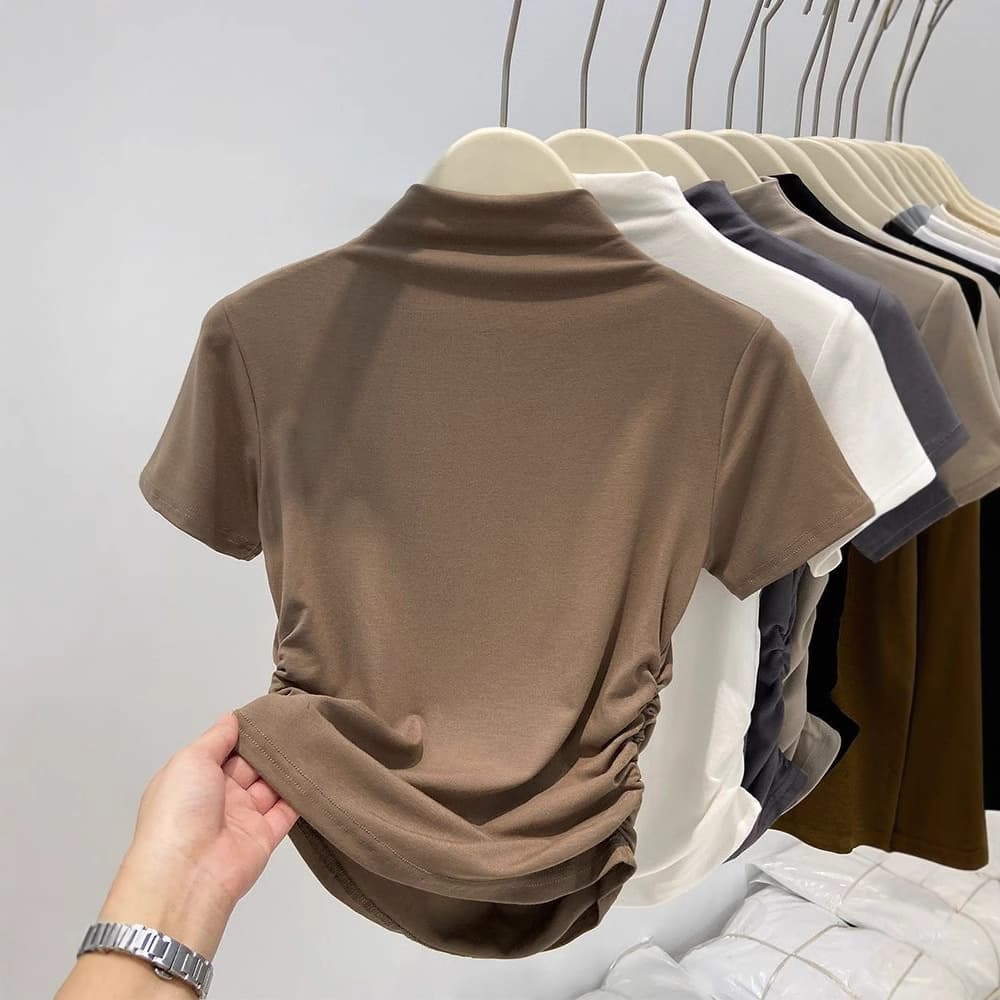 モックネック　レディース　半袖　 ギャザーデザイン 半袖カットソー　S~XL