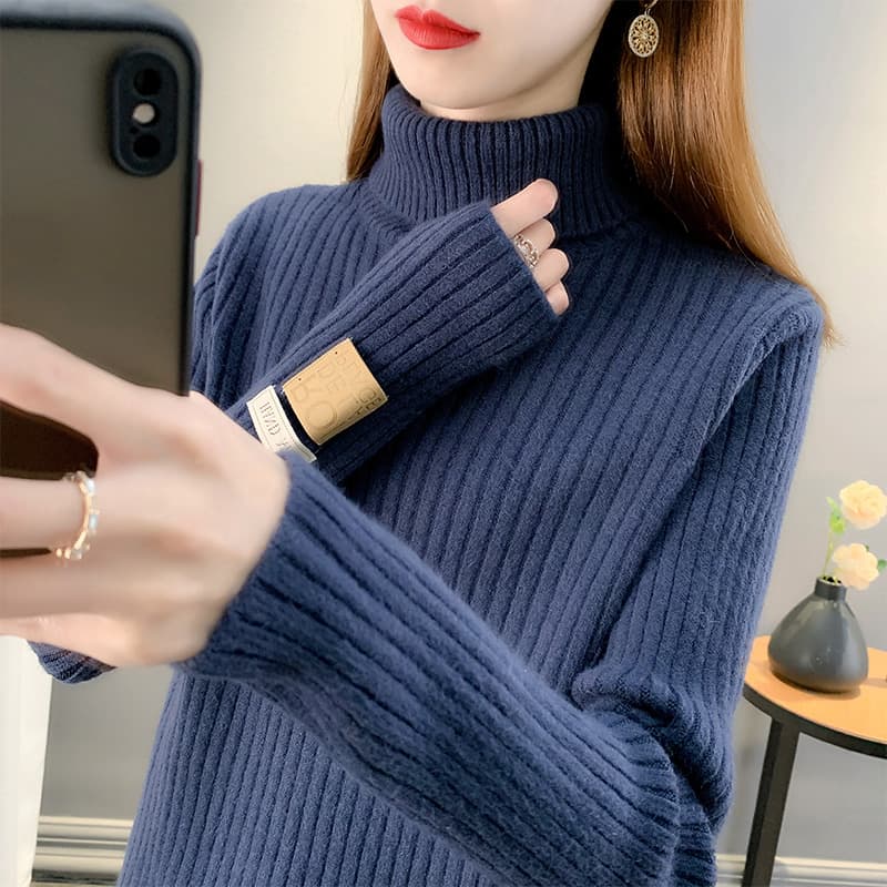タートルネック レディース　長袖　リブ編み上質ウール混ニット S～XL