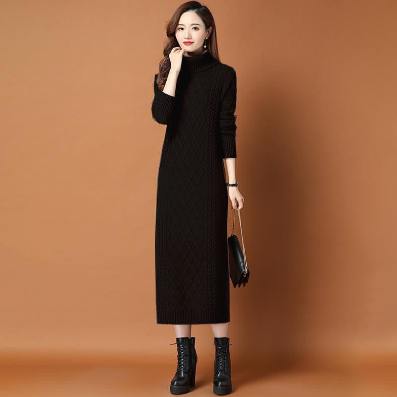 【骨格ストレート】立体ダイヤ柄編みタートルネックニットワンピース