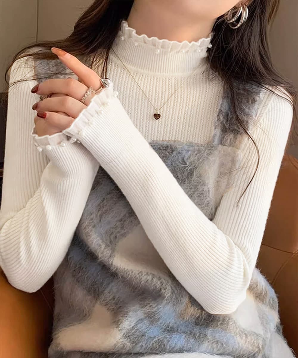 【骨格ストレート】真珠装飾リブニットシャツ タートルネック長袖春秋冬