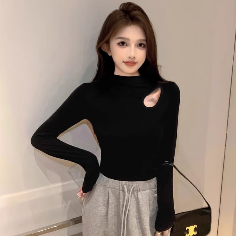タートルネック　レディース　長袖　胸元カットニットトップス S～XXL