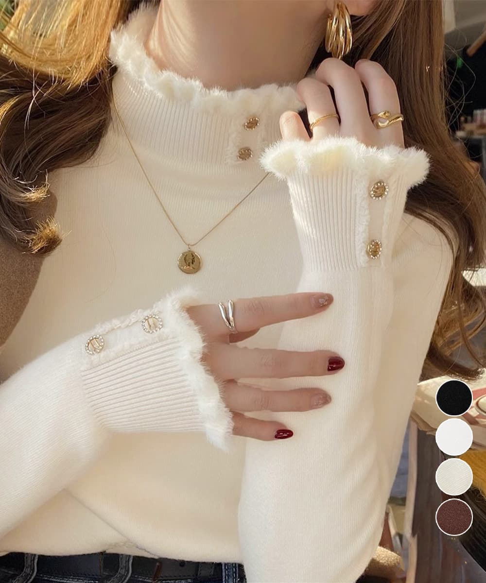 【骨格ストレート】ファー装飾ボタン付きタートルネックニットセーター