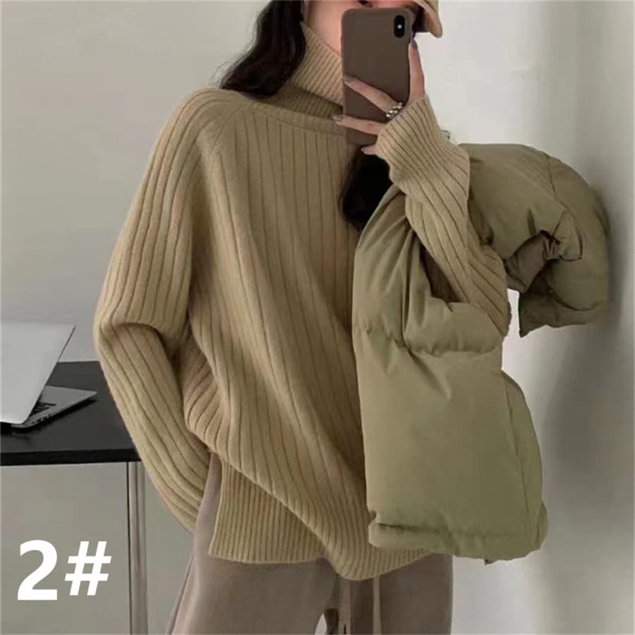 立体リブ編みゆったりタートルネックニット　レディース
