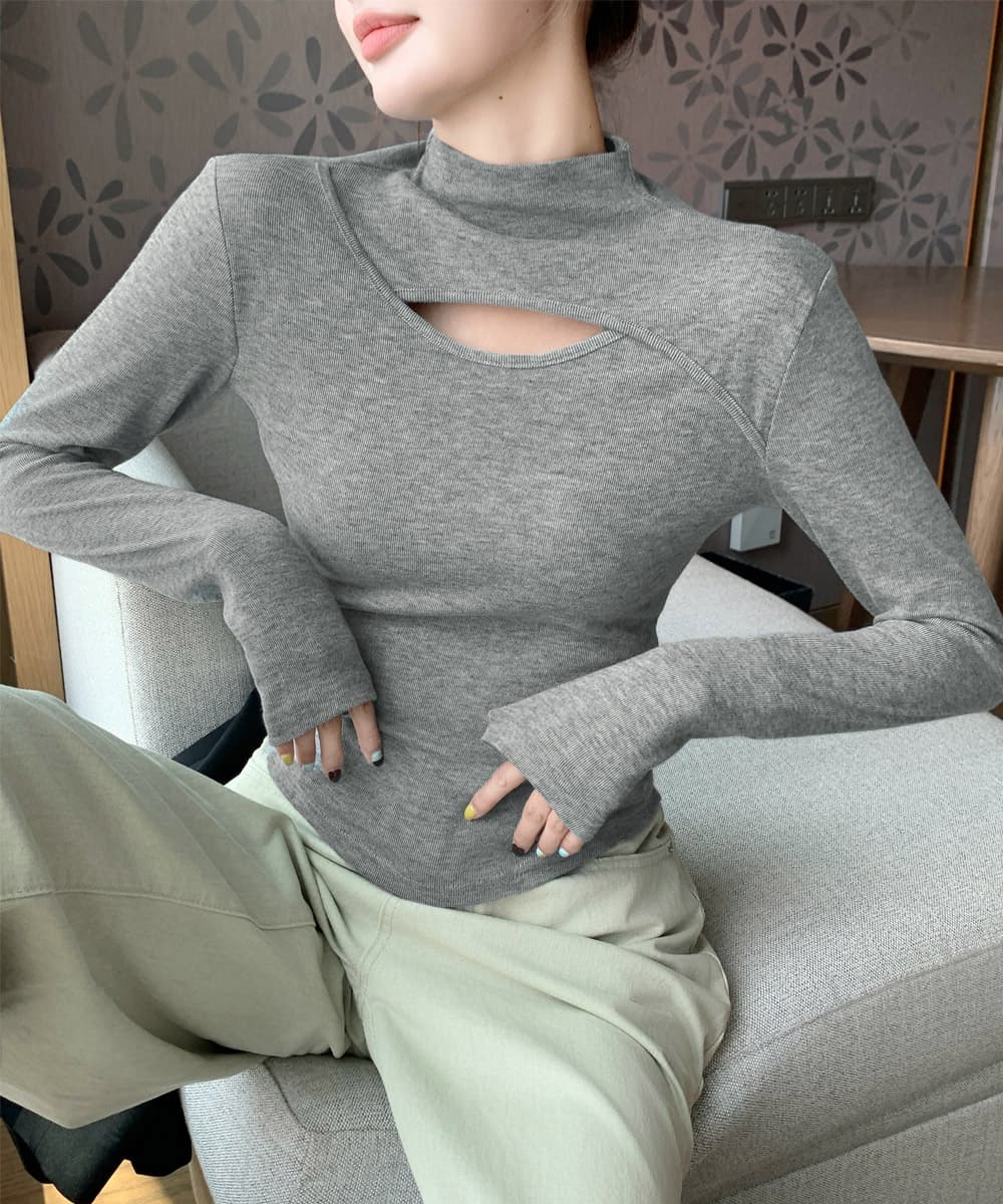 胸元カットアウトデザインタートルネックシャツ M~XL