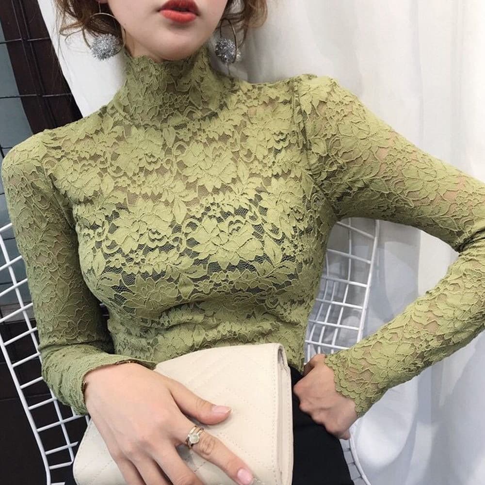 タートルネック　レディース　ノースリーブ　花柄レース タートルネックシャツ 上品シースルー