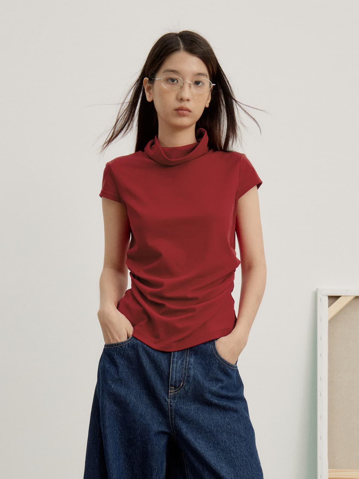 タートルネック 　レディース　半袖　ドレープ加工 ハイネック半袖トップス S〜L