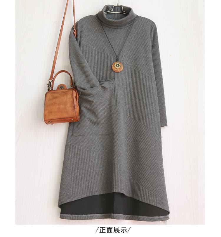 【骨格ナチュラル向け】タートルネック 裾不規則 厚手ワンピース｜体型カバーできるゆったりワンピ　M~2XL　長袖　レディース　