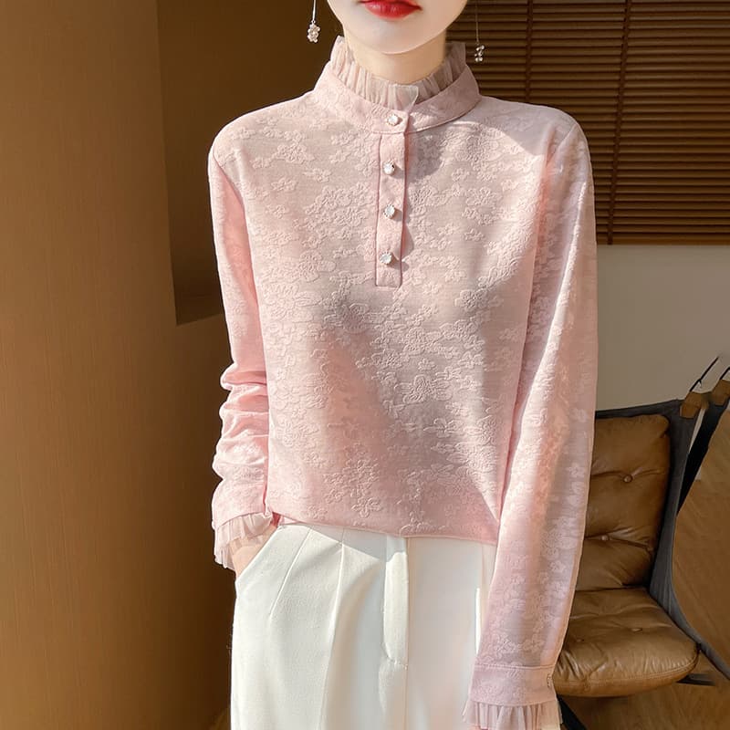 タートルネック 　レディース　長袖　花柄ジャガード薄手フリルネック M~XXL