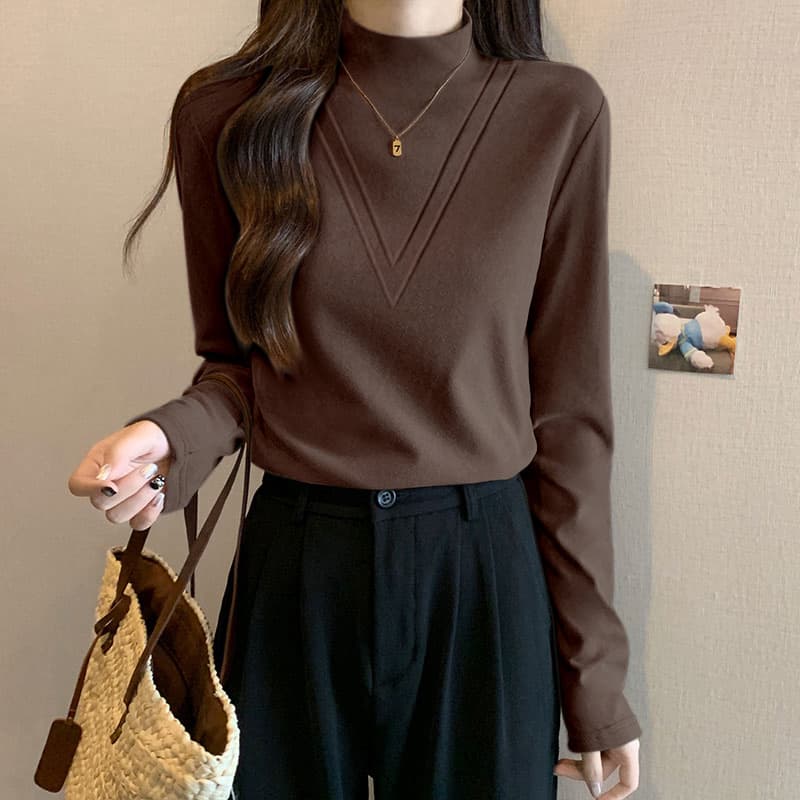 首元に品を添える、装飾デザインリブトップス｜一枚で整う大人のハイネック　M〜2XL