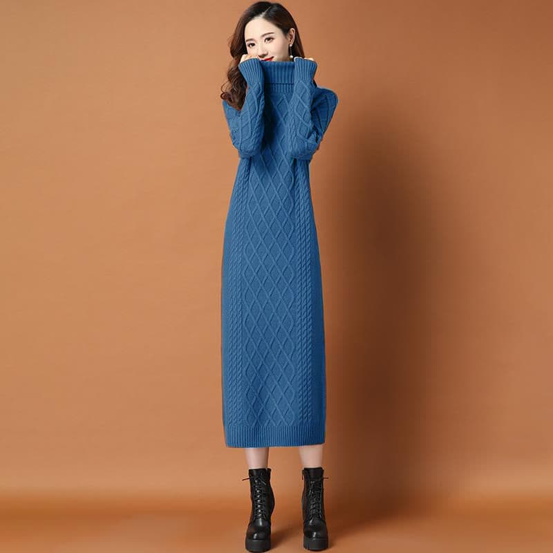【骨格ストレート】立体ダイヤ柄編みタートルネックニットワンピース