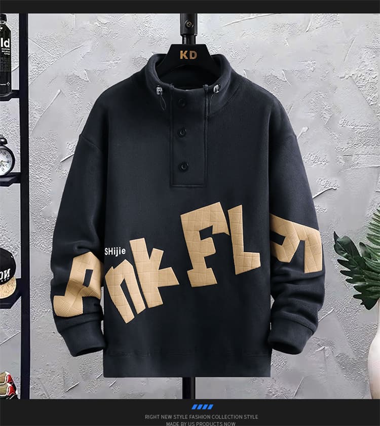 立体文字プリントハーフボタンタートルネックジャケット　M〜3XL　メンズ　長袖