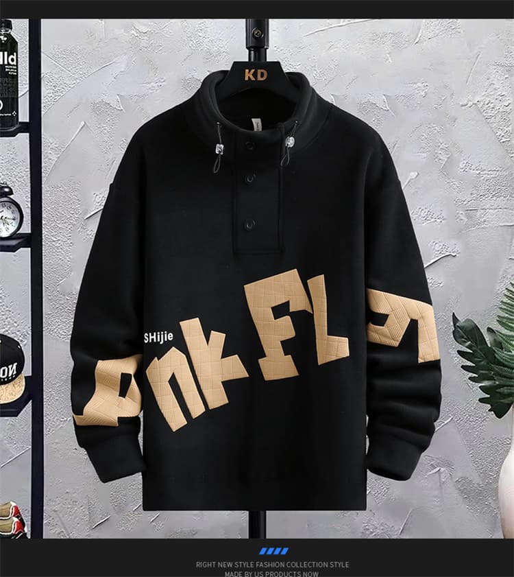 立体文字プリントハーフボタンタートルネックジャケット　M〜3XL　メンズ　長袖