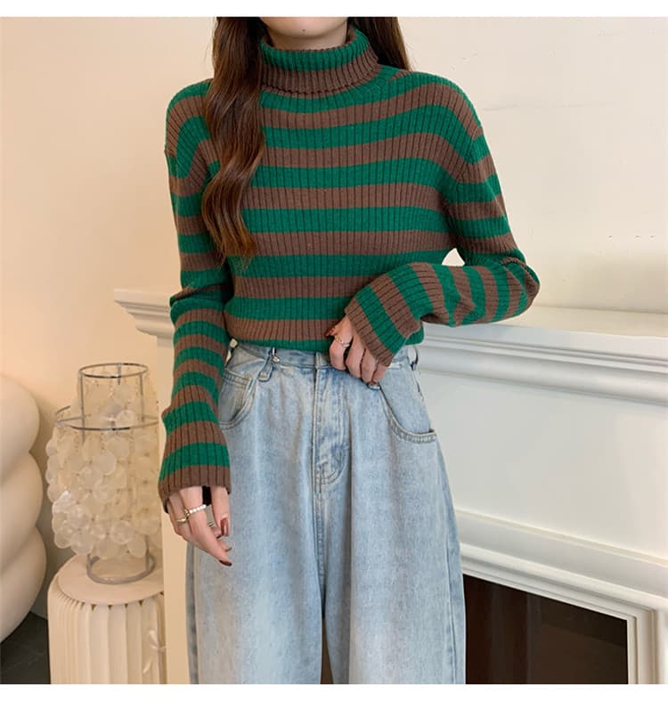 タートルネック　レディース　長袖　暖かいボーダー柄タートルネックシャツ レディース長袖ニット