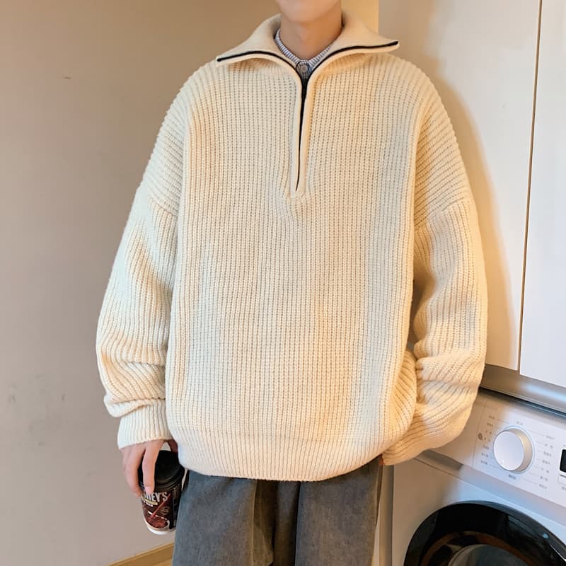 タートルネック メンズ　長袖　ハーフジップ リブ編み オーバーサイズニット　秋冬　M~2XL