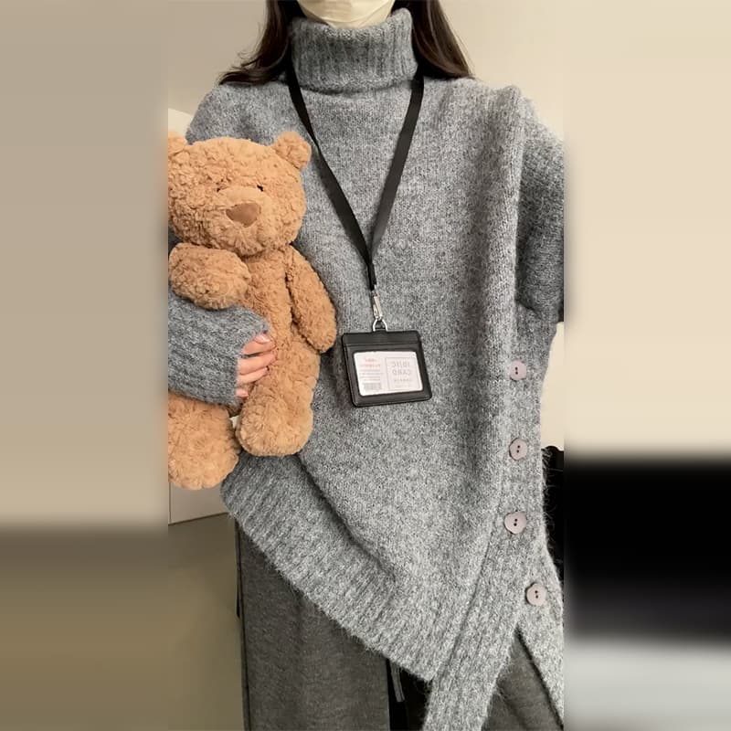 タートルネック　レディース　長袖　ふわもこ大きめボタン付きセーターワンピース S~3XL