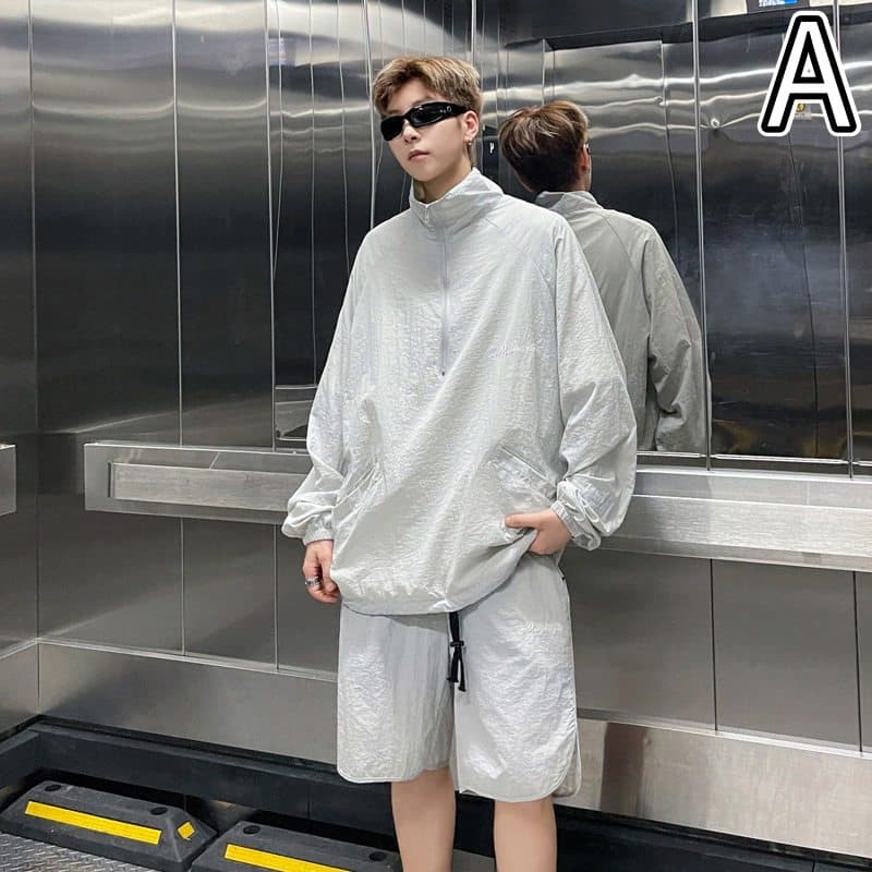 タートルネック　メンズ　長袖　 冷感素材ハーフジップシャツとショートパンツの上下セット M~3XL