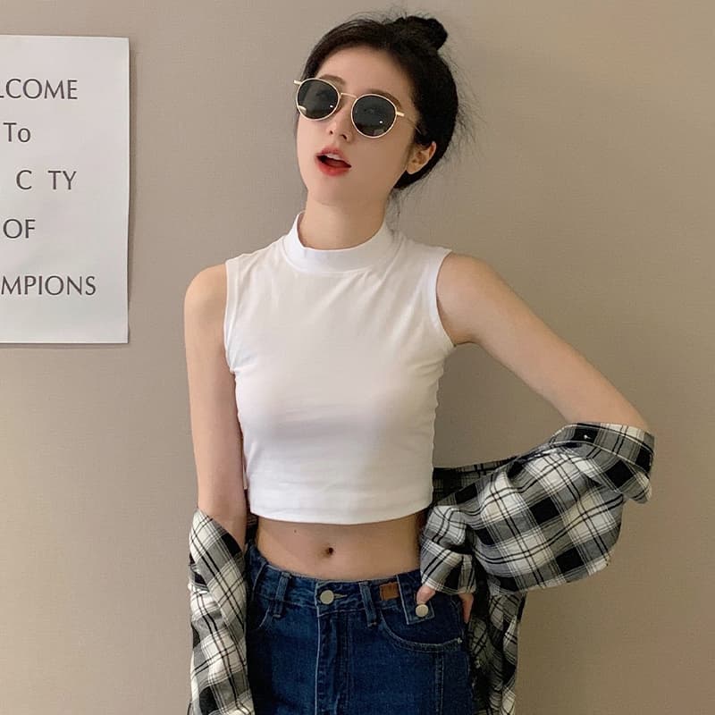 ノースリーブモックネッククロップド丈インナー　レディース　タートルネック　M~XXL