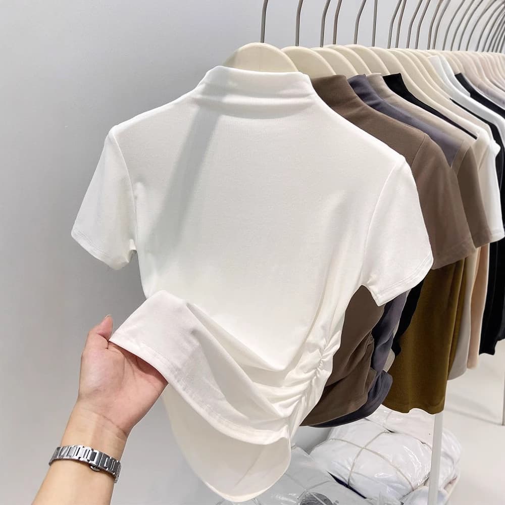 モックネック　レディース　半袖　 ギャザーデザイン 半袖カットソー　S~XL