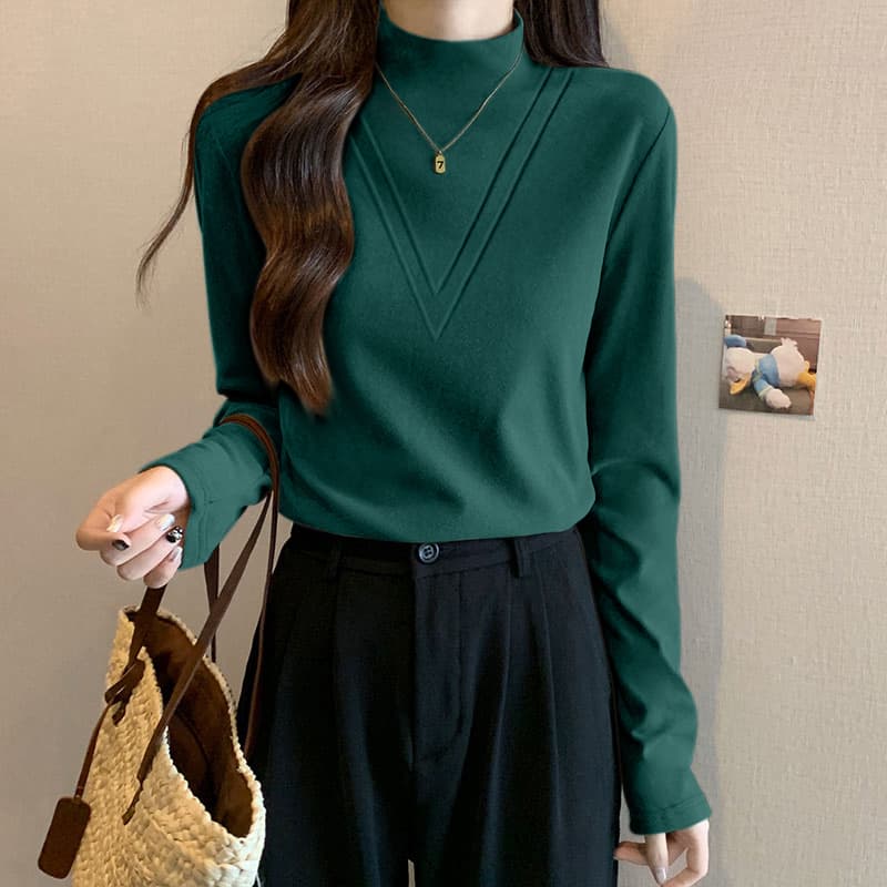 首元に品を添える、装飾デザインリブトップス｜一枚で整う大人のハイネック　M〜2XL