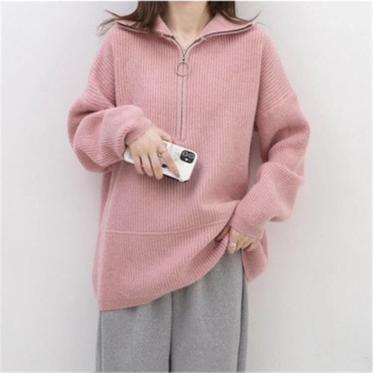 ハーフジップ立ち襟リブ編みタートルネックセーター