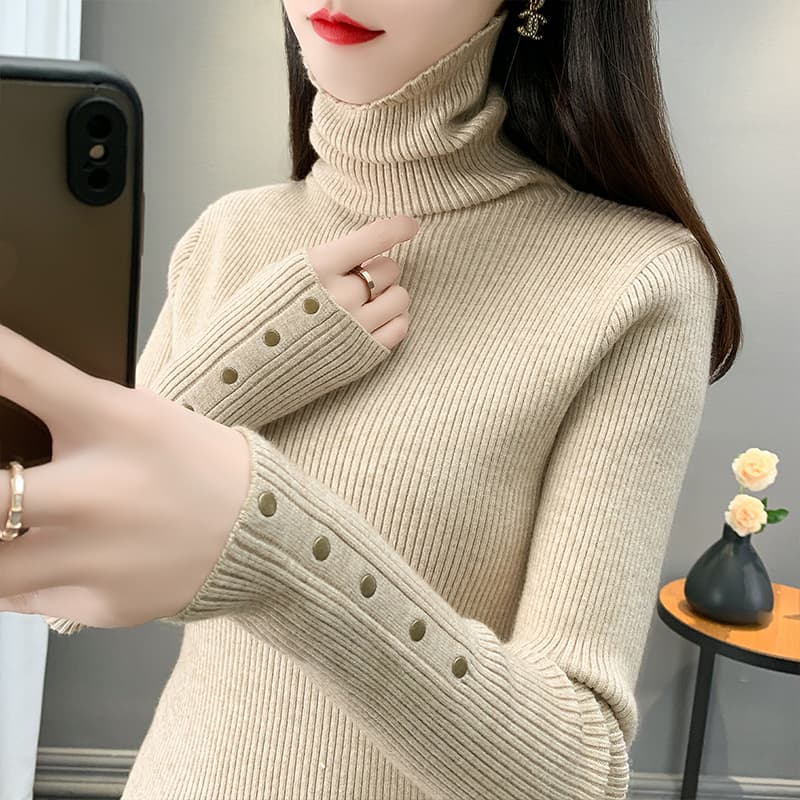 タートルネック レディース 長袖 袖ボタン付きリブニット｜細見え・春秋冬対応 上品ニット S〜XL