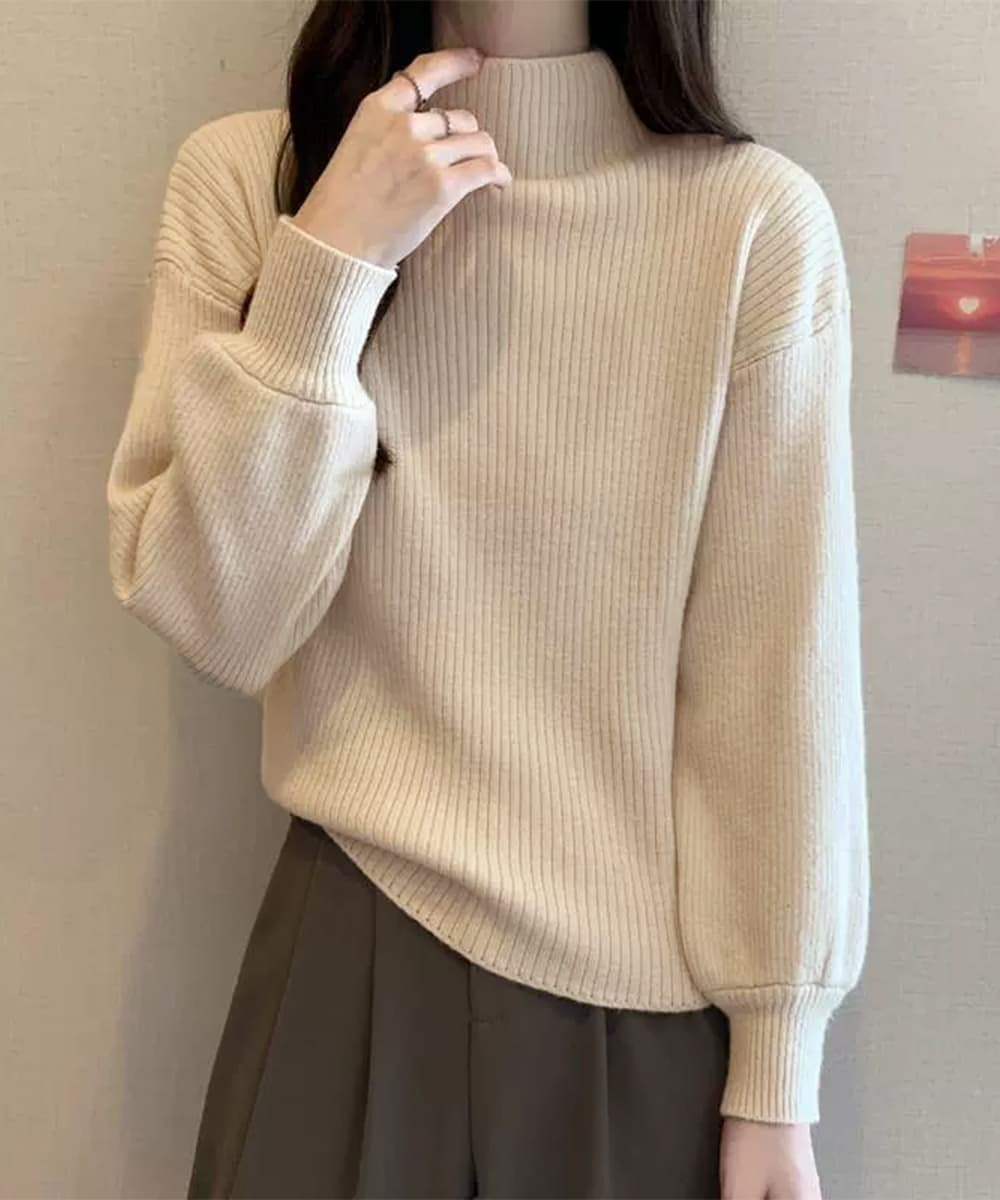 【レディース タートルネック セーター】韓国風リブニットセーター｜ふんわりボリューム袖の厚手秋冬ニット neckty＋