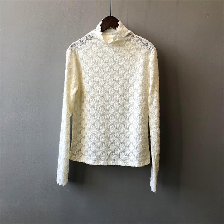 【骨格ナチュラル】花柄レース タートルネック シャツ 上品アイボリー　M L
