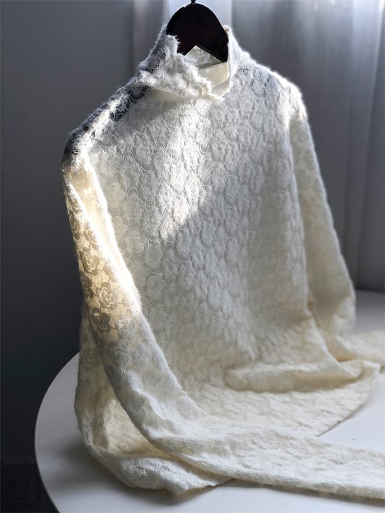 【骨格ナチュラル】花柄レース タートルネック シャツ 上品アイボリー　M L