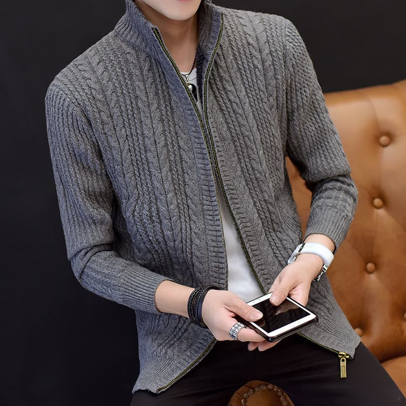 タートルネック　メンズ　長袖　裏起毛ケーブル編みジップアップニット　ジャケット　M~3XL