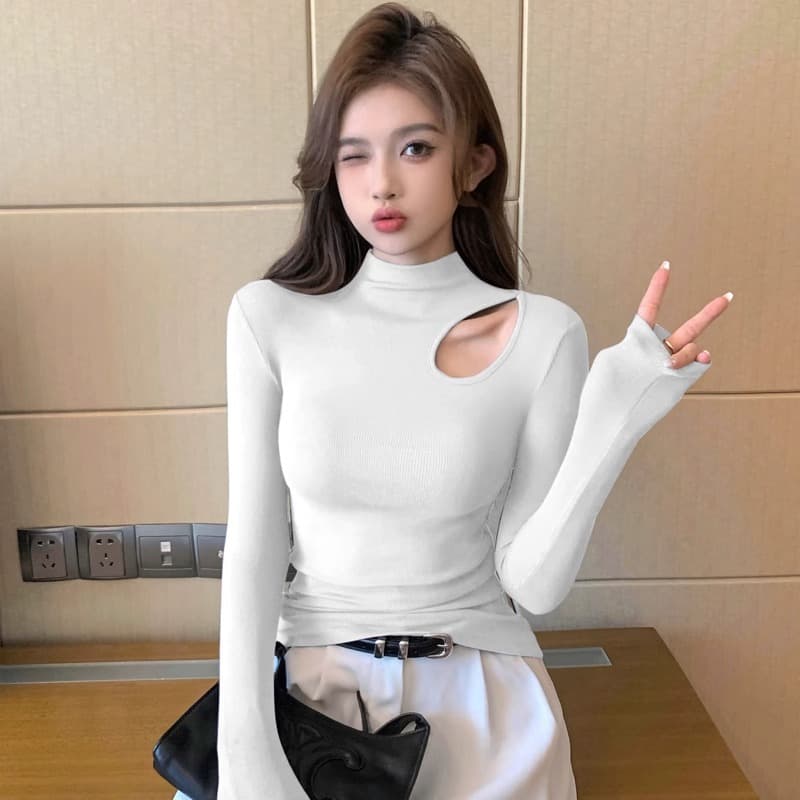 タートルネック　レディース　長袖　胸元カットニットトップス S～XXL