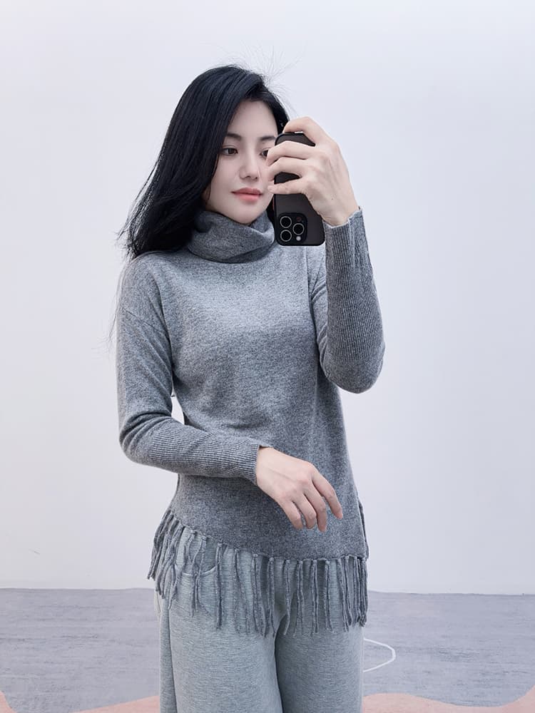 裾フリンジデザインタートルネックセーター S~XL