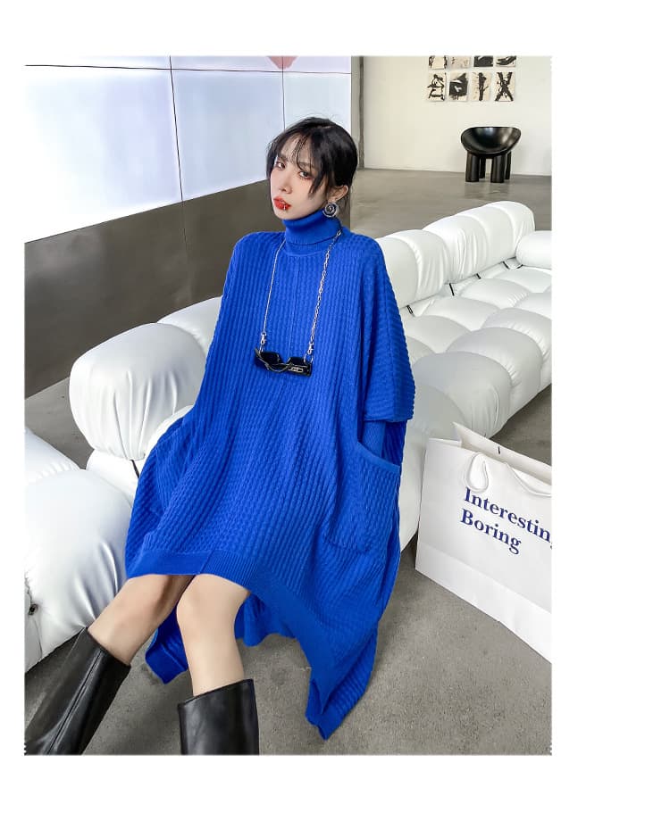 タートルネック　レディース　長袖　ゆったりリブ編みニットロングポンチョワンピース