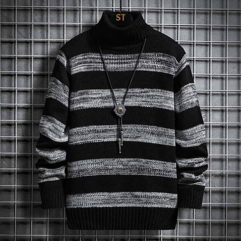 太ボーダー柄タートルネックニットセーター　メンズ　M~3XL