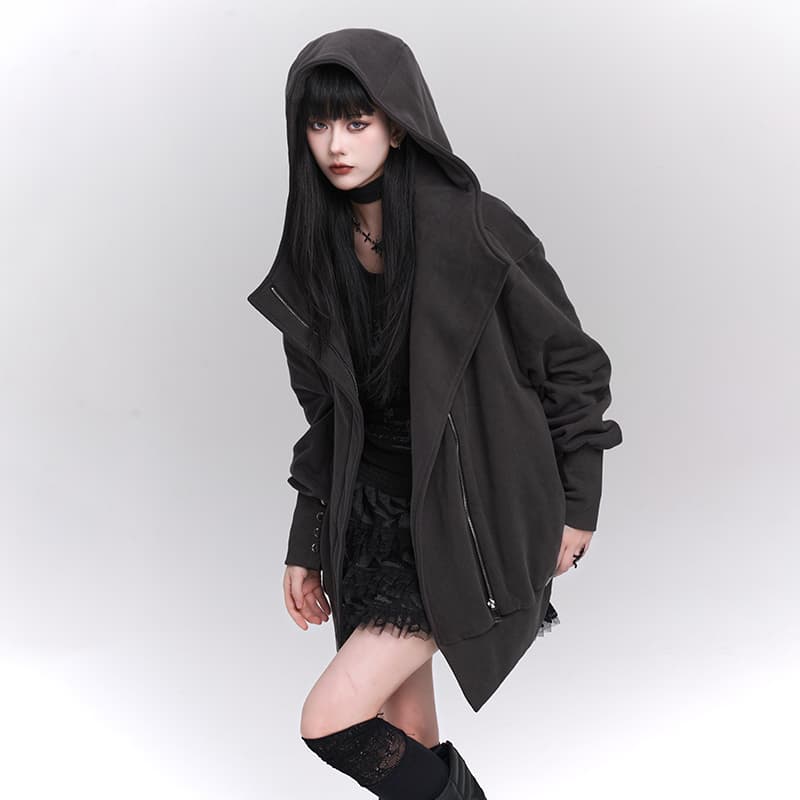 ビッグカラーフーデッドジップアップジャケット　ハイネック　レディース　S M