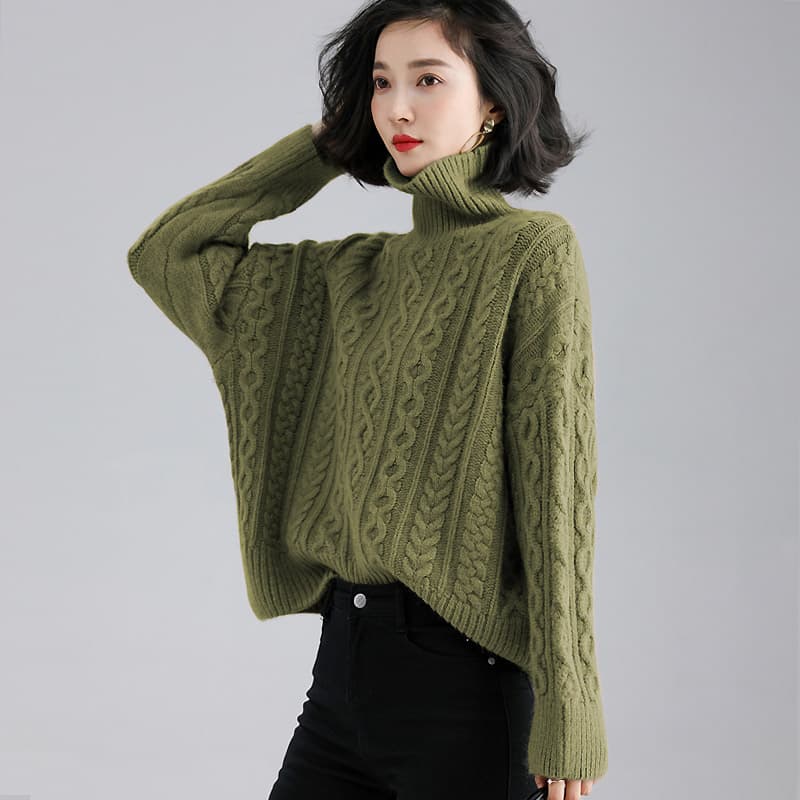 立体ケーブル編みタートルネックニットセーター　S〜3XL　レディース　長袖