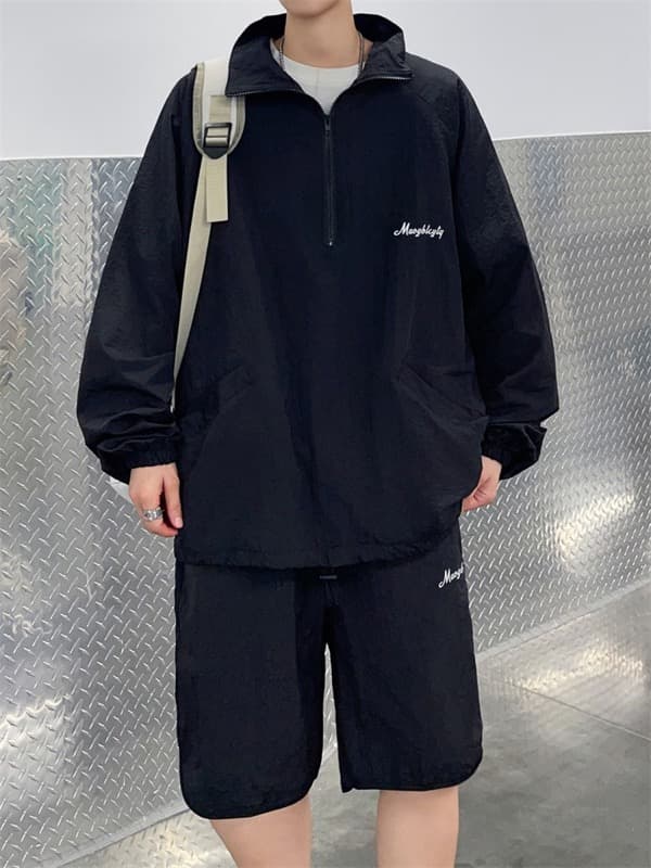 タートルネック　メンズ　長袖　 冷感素材ハーフジップシャツとショートパンツの上下セット M~3XL